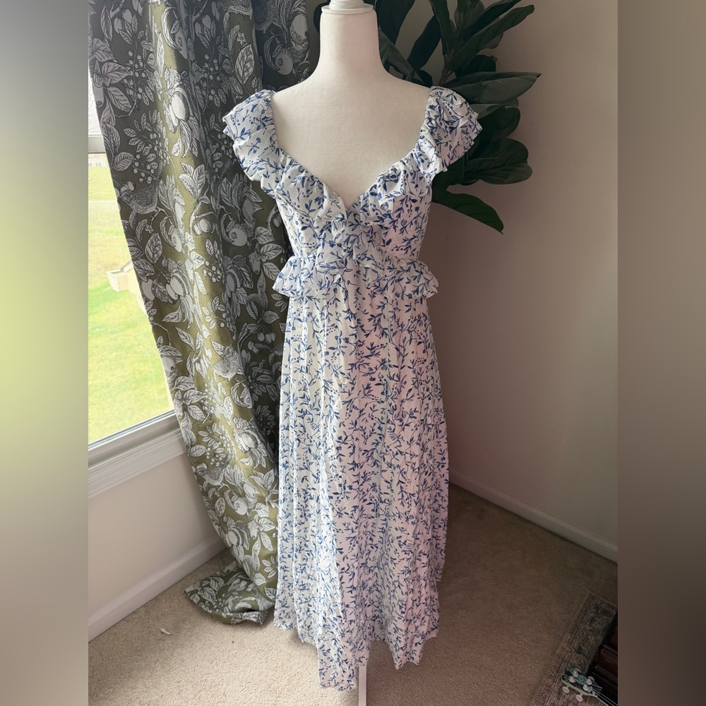 H&M White and Blue Floral Ruffle Maxi Dress